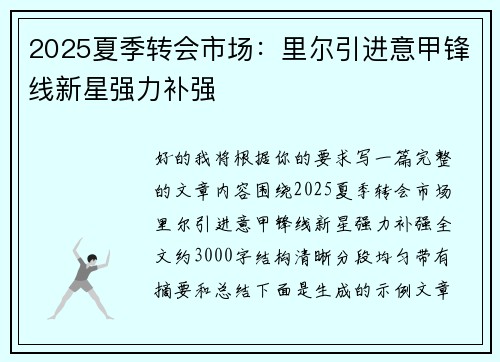 2025夏季转会市场：里尔引进意甲锋线新星强力补强